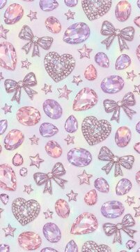 Decorative pattern featuring pink and purple gemstones, bows, and stars on a shimmering iridescent background, ideal for crafting and design projects