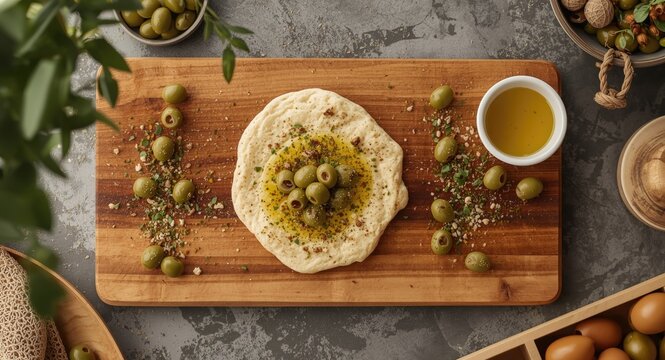 Overhead perspective of zaatar manakeesh on wooden serving board with olives and olive oil and copy space