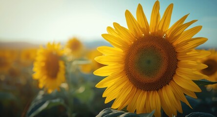 Obraz premium Close up of blooming sunflower flower on a summer day with copy space