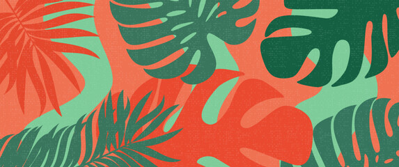 Stylized Tropical Monstera and Palm Leaves in Green and Red, Orange Overlapping on Textured Abstract Background © Jen