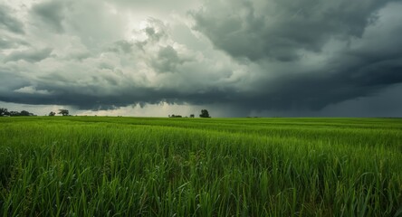 Naklejka premium Broad meadow of lush grass covered by heavy rain clouds signaling storm