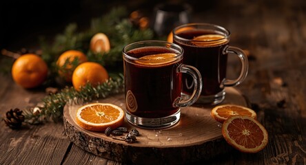 Obraz premium Rustic wood table displaying hot mulled wine and citrus slices in intimate warm dim light