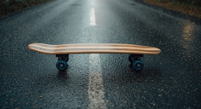 Rain dotted road featuring wooden skateboard and blue wheels viewed from side plus text placement area