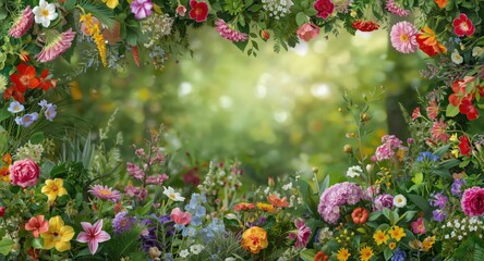Fototapeta premium Floral art alive in a green garden backdrop featuring vibrant summer blooms and birthday gift decorations