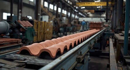 Fototapeta premium Industrial setting showing metalworking conveyor belt for roof tile production
