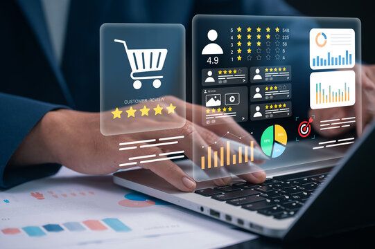 Customer feedback analytics and ecommerce review monitoring concept. business user analyzing rating data charts and satisfaction on laptop to service quality brand trust and marketing strategy