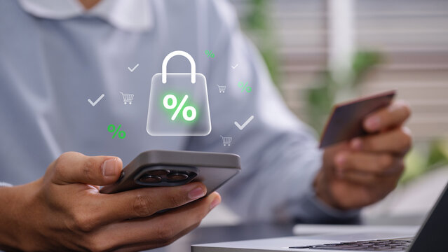 Ecommerce discount and online shopping promotion concept. customer using smartphone and credit card to make purchase digital payment savings retail offer convenience and secure mobile transaction