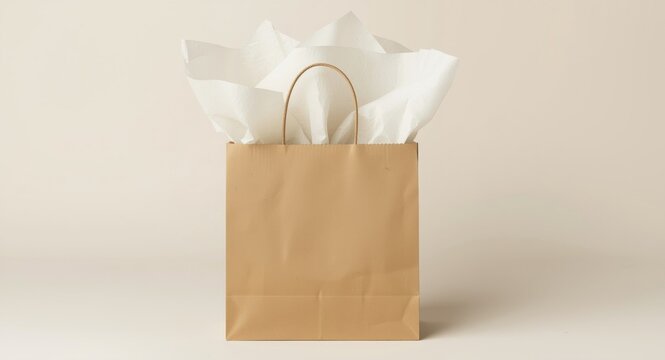 Neutral background presenting a handmade paper gift bag filled with soft tissue paper