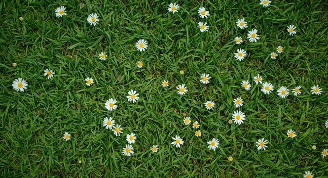 Green garden lawn with full length daisy family flower view