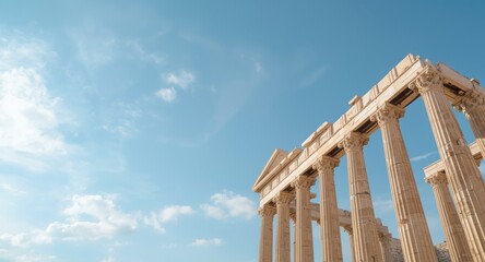 Fototapeta premium Classic Greek architecture showcasing tall columns beneath a clear blue sky with soft white clouds and copy space