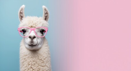 Fototapeta premium Friendly llama wearing eye catching pink glasses on a gentle blue pink gradient background designed for text overlay