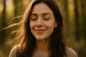 Fototapeta premium Peaceful Woman with Closed Eyes Enjoying Calm Moment in Forest Light
