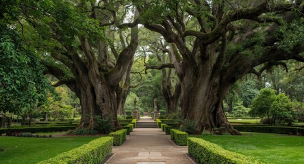 Obraz premium Peaceful garden passage with an elegant arch and giant ancient trees towering above