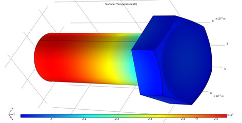 Metal bolt, screw drawing. Computer technic  3d modeling of steel mechanical part.  Thermal cad analysis. Investigation of temperature distribution on surface of mechanical part. © TKalinovskaya