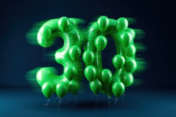 Obraz premium Dynamic green thirty balloons forming number 30 with motion blur and multiple small balloons creating a dramatic floating celebration scene
