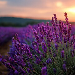 Obraz premium Rows of lavender at sunset with tall purple spikes and soft golden sky creating a dramatic fragrant landscape in warm light