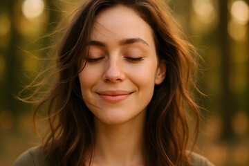 Fototapeta premium Peaceful Young Woman with Closed Eyes in Warm Forest Light