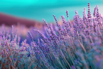 Closeup lavender blossoms with teal bokeh background and soft pastel light highlighting stems and delicate purple flowers in a dreamy summer meadow