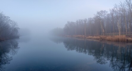 Fototapeta premium Hushed morning landscape featuring smooth river reflections and a delicate fog among bare woodlands