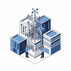 Fototapeta premium Isometric illustration of a weather station in an urban setting with technicians.