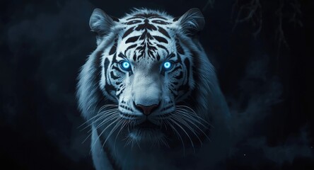 Obraz premium noble white tiger adorned with glowing blue eyes surrounded by dark mystic ambiance