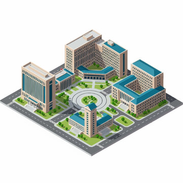 Isometric view of a modern university campus with multiple buildings and green spaces.