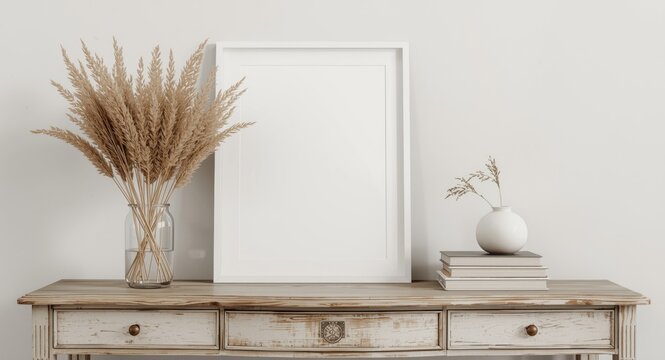 Horizontal white frame mockup on antique wooden table with books and dried Lagurus ovatus grass in a Scandinavian style room