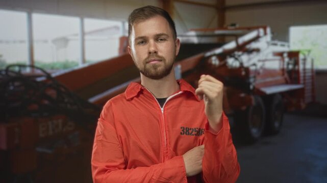 Young caucasian bearded man prisoner in orange jumpsuit points finger up with visible inmate number on chest inside building; defiance solitude.