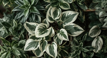 Obraz premium Close up view of variegated Scindapsus pictus silver lady with heart shaped leaves and fresh hanging plants for home decor