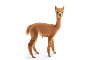 Fototapeta premium Lively full length view of a young alpaca on a white backdrop