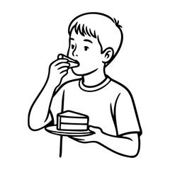 Dibujo sencillo con líneas de un niño comiendo una porción de tarta con las manos  © teracreonte