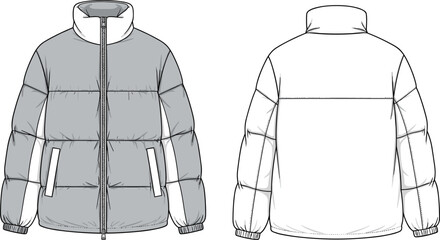 Puffer jacket flat sketch, vector technical drawing of winter insulated outerwear, front and back view, fashion design template, isolated element. © Siyamul