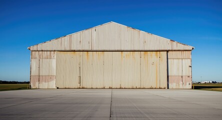 Obraz premium Aged hangar facade showing weathered material and spacious blank space for text in classic aviation context