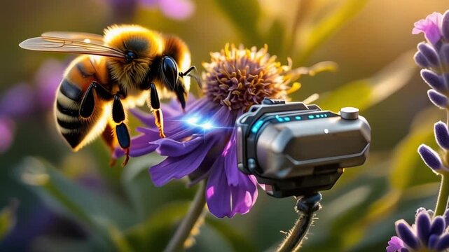 Detailed view of a mason bee interacting with a small, weathered environmental sensor on a branch. Semi-realistic scene emphasizing nature, pollination, and eco-technology.

