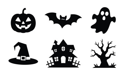 Obraz premium Set of halloween black silhouettes and spooky icons - jack-o'-lantern, bat, ghost, haunted house, witch hat, dead tree for scary celebration