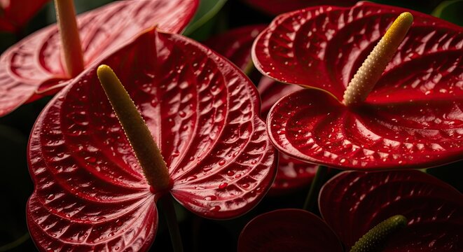 Close up of vibrant red anthurium flowers with yellow spadix stems