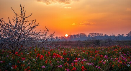 Naklejka premium Peaceful landscape with colorful blossoms under a warm orange sunset sky