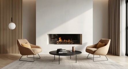 Naklejka premium Modern fireplace surrounded by two stylish accent chairs in a minimalist art deco interior with serene atmosphere