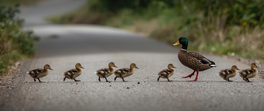 Mother duck carefully escorting seven ducklings across a rural pavement
