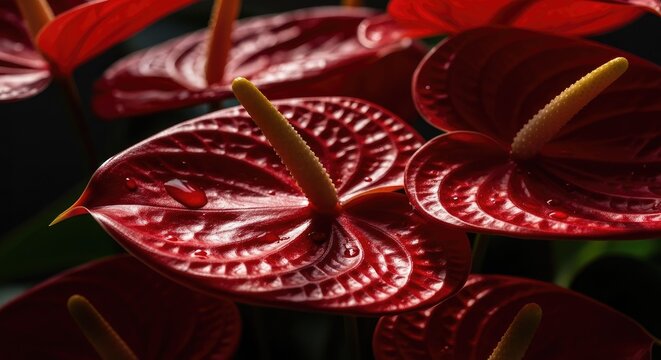 Close up of vibrant red anthurium flowers with yellow spadix