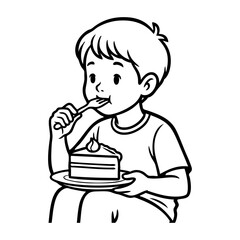 Dibujo sencillo con líneas de un niño comiendo una porción de tarta con plato y tenedor © teracreonte