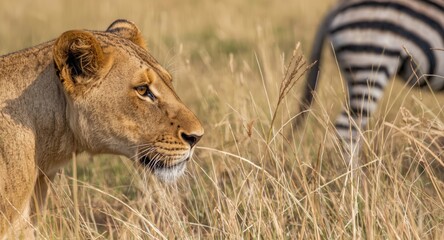 Fototapeta premium Focused lioness ready to pounce on zebras in open wild plains