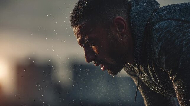 Close up side profile of a tired male runner catching his breath at dusk, with sweat, soft city blur, and dramatic light creating an intense fitness mood