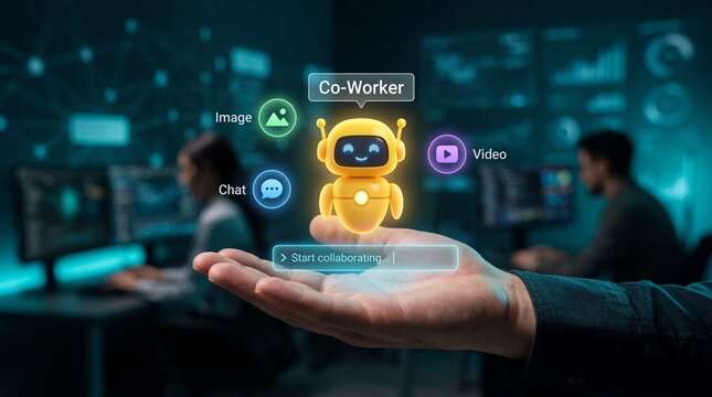 Interactive ai collaboration cute yellow robot avatar in a digital workspace technology environment modern viewpoint innovation concept