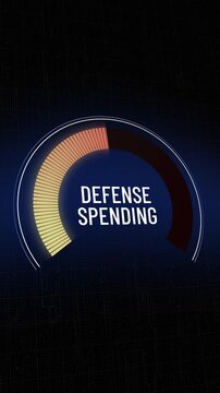 Vertical video of defense spending gauge filling up, military budget increasing on digital display, national security expenditure rising, arms race, fiscal pressure, war prep, Copy space