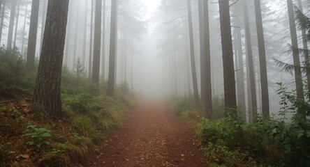 Fototapeta premium Fog-covered hiking trail surrounded by towering forest trees