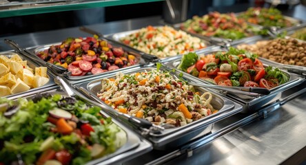 Fototapeta premium Different types of fresh salads arranged for guests in a self serve spot