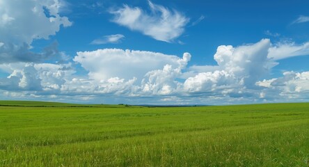 Obraz premium Lush grassland landscape complemented by a vibrant blue sky and billowy white clouds