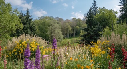 Fototapeta premium Assorted flowers and towering trees capturing a lively outdoor landscape