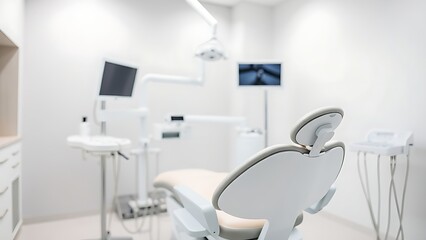 Fototapeta premium Modern dental clinic with a clean white environment and soft focus on equipment.